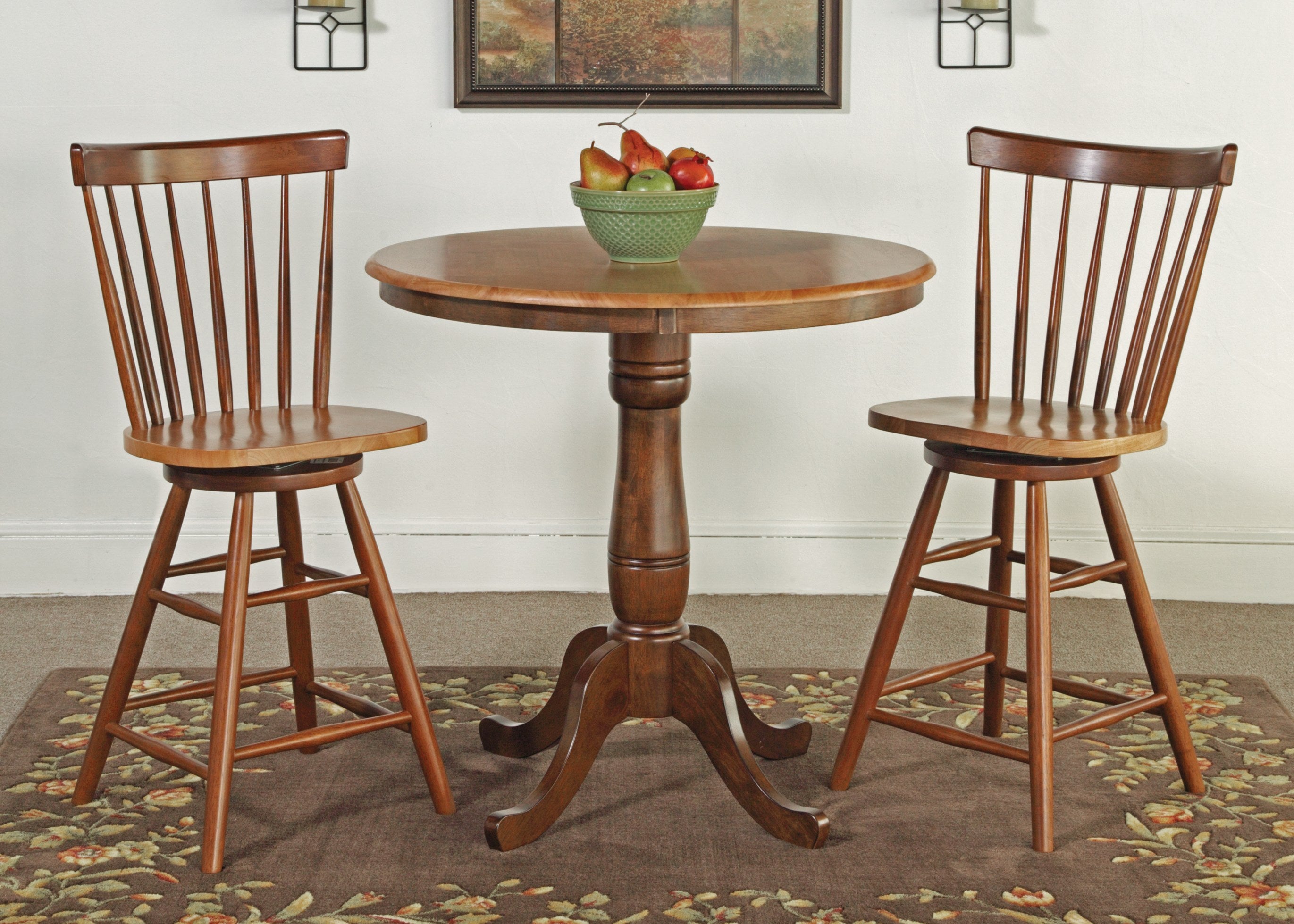 [36 Inch] Classic Round Table - Cinnamon & Espresso with 6" pedestal extension and Cophenhagen stools